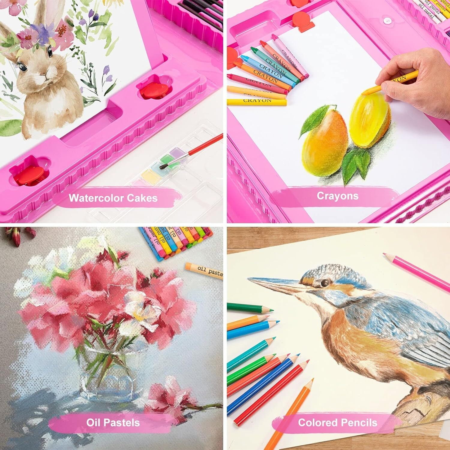 HTSQYL 208 PCS Art Supplies, Drawing Art Kit for Kids Adults Art Set with Double Sided Trifold Easel, Oil Pastels, Crayons, Colored Pencils, Watercolor Pens Gift for Girls Boys Artist,Pink