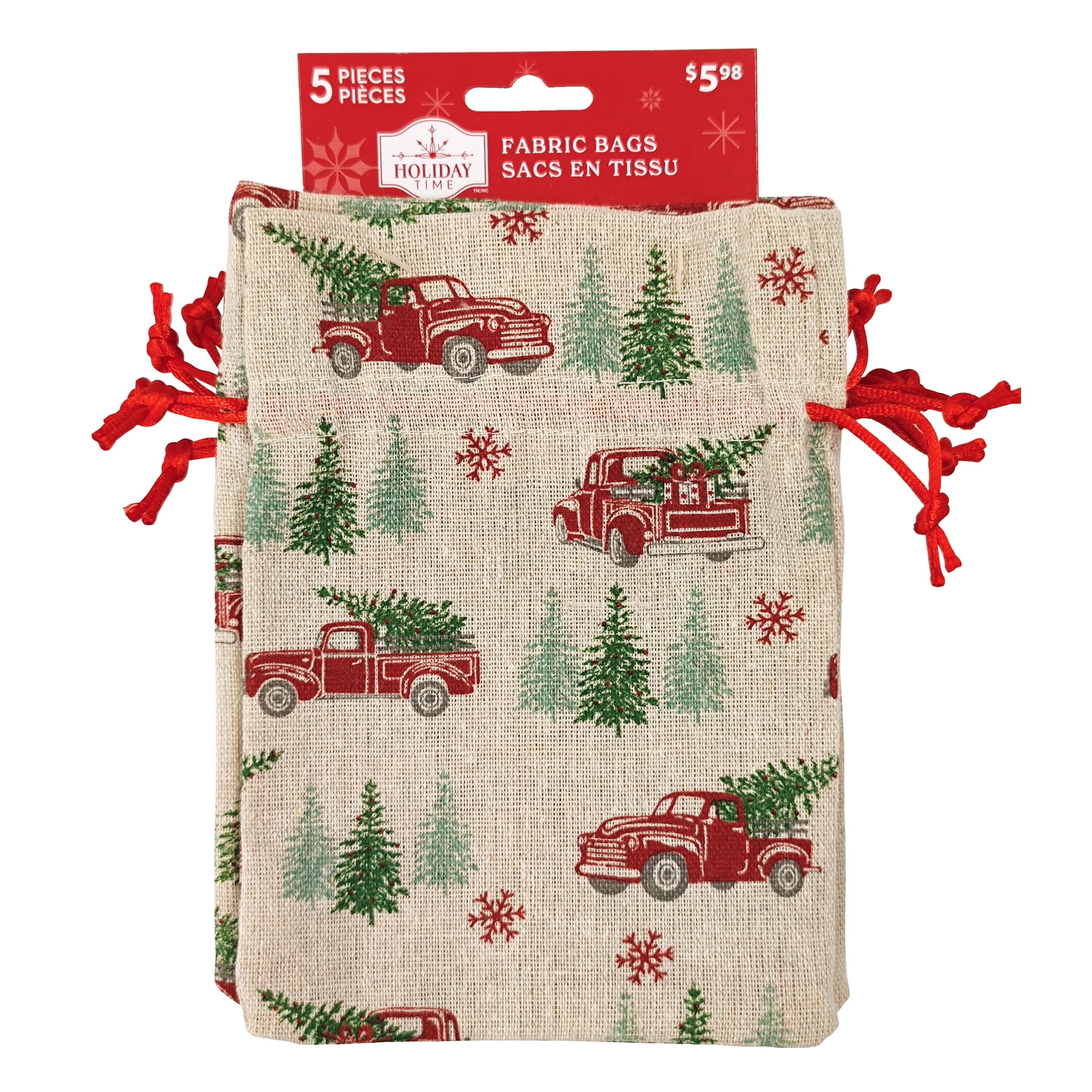 Holiday Time 5 Count Multi Color Fabric Bags Truck Pattern with Drawstring 5" by 7" for Xmas Package Storage, 5CT TRUCK
