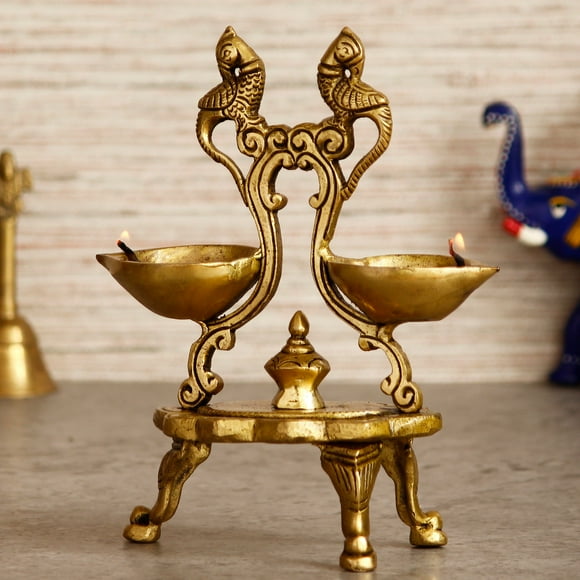 Handcrafted Golden Parrot Design Antique Finish Decorative Brass Diya With Stand