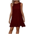 thumbnail image 2 of Women's Summer Casual V-Neck Sleeveless Mini Dress Tie Shoulder Width Layered Ruffle Flowing A-line Skirt Short Skirt Wine S, 2 of 7
