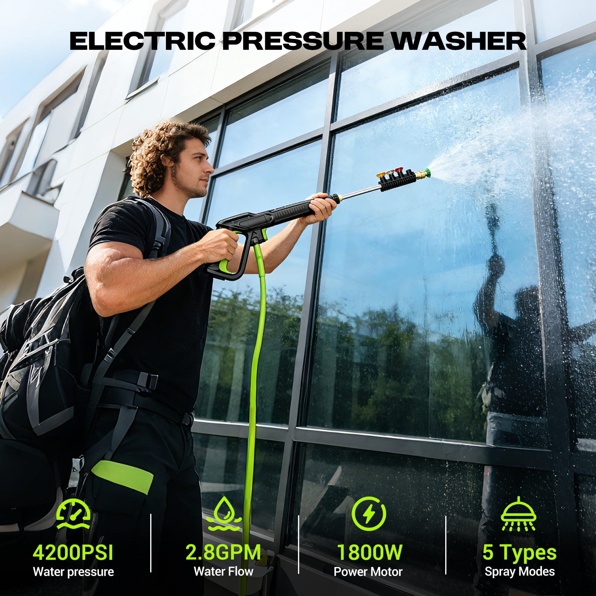 4200 PSI Electric Pressure Washer with Hose Reel,4  Nozzles,for Clean Patios,Cars,Fences,Driveways,Green