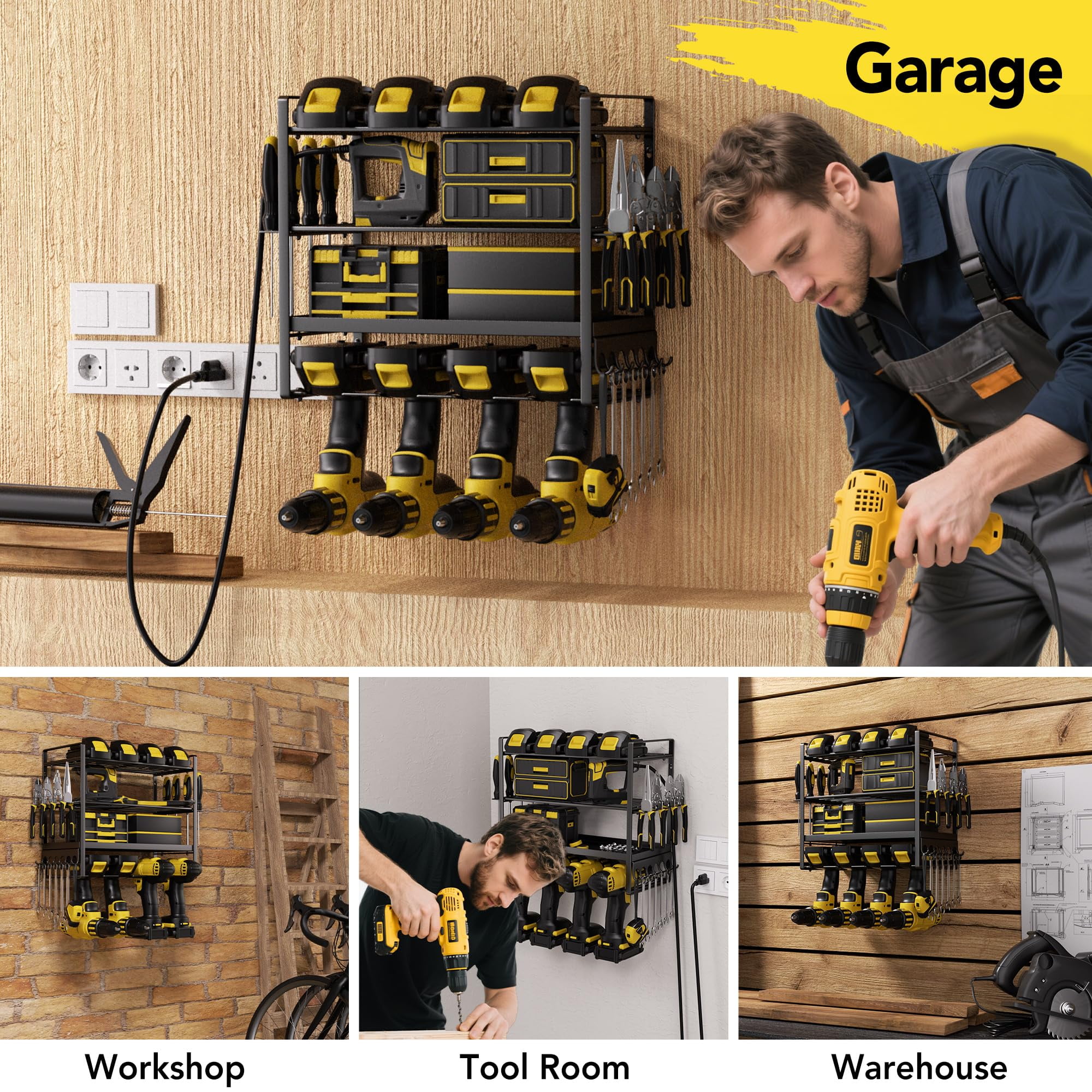 Heavy Duty Power Tool Organizer 400LB Capacity - Metal 4-Tier Wall Mount Garage Tool Storage with Drill Holder, Screwdriver & Pliers Rack, Black