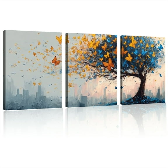 Large Canvas Wall Art for Living Room Grey and Blue Butterfly Tree Picture Tree of Life Wall Art for Bedroom Office Framed Canvas Prints Size12x16x3pcs
