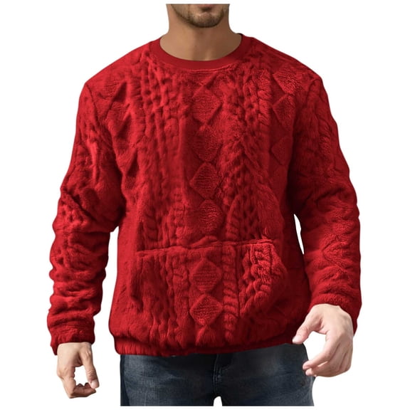 Gytharion Fuzzy Fleece Winter Tops for Men Soft Cozy Long Sleeve Plush Warm Sweatshirt Fashion Solid Casual Crew Neck Pullover Shirt with Pocket