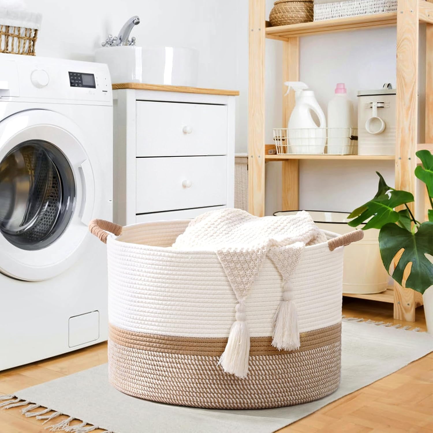 Natubeau Cotton Rope Woven Storage Baskets, 65L Large Round Laundry Hampers Blanket Basket Clothes Basket, 20"W x 13"H Storage Baskets With Handle