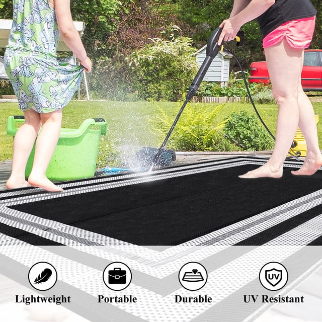Outdoor Rug – Waterproof Reversible 8x10ft Plastic Straw Carpet – Modern Geometric – Durable & Washable – for Patio, Porch, Deck, Balcony, RV, Camping & Beach - Black and White, USA