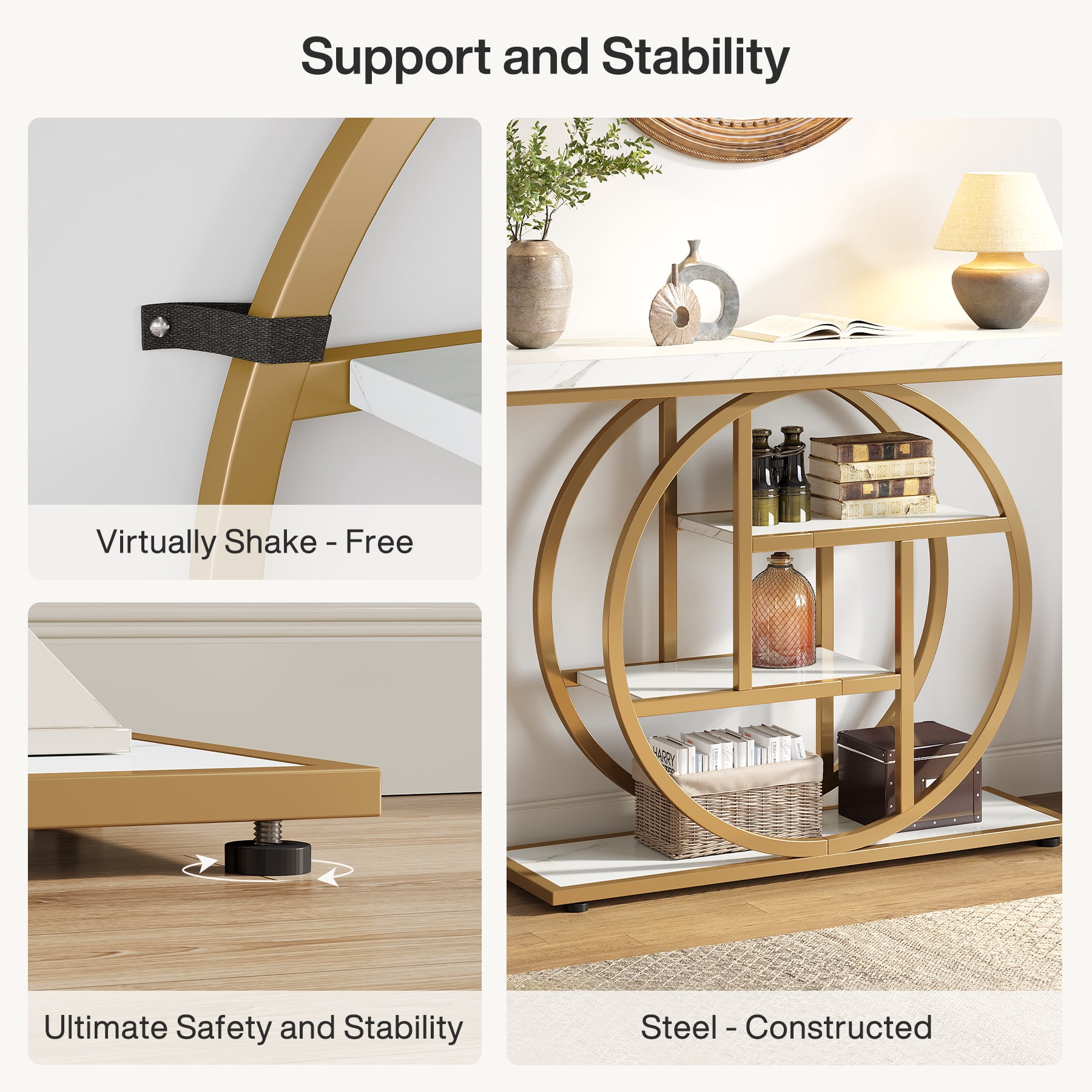 Fnova Console Table, Entryway Table with 4-Tier Storage Shelves, 42" Wood Modern Narrow Long Side Table, , Sofa Table, Accent Table for Living Room, Entryway, Hallway, White and Gold