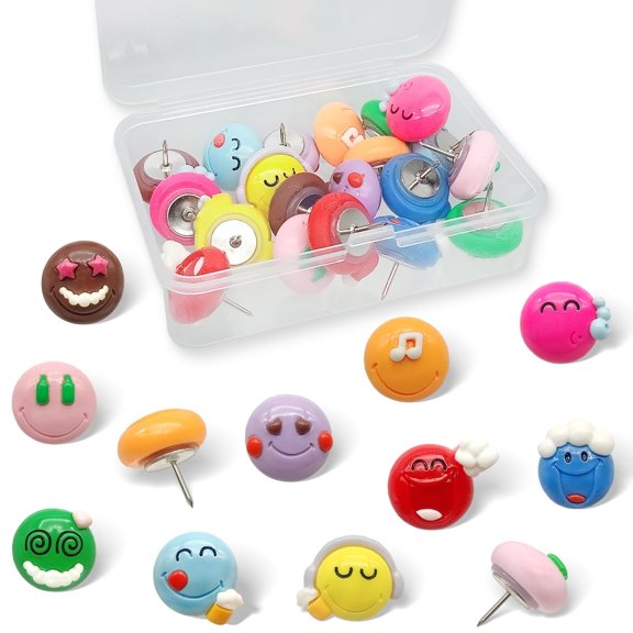 WINFA 25-pack Assorted Cute Smiling Face Push Pins, Decorative Thumb Tacks for Cork Boards Office Home Classroom Bulletin Boards  Decor