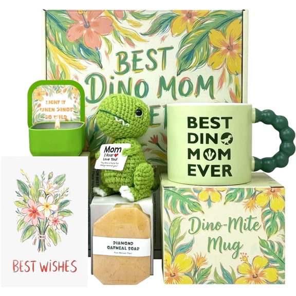 Birthday Gifts For Mom, Unique Gifts for Moms from Daughter Son Best Mom Ever Mug Set For Wife, Mamasaurus Cup, Funny Mother's Day Gift for daughter Mama Bonus Step with Crochet Dinosaur for Christmas