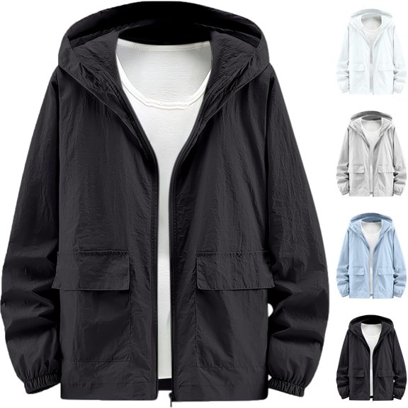 Plus Size Mens Loose Sunscreen Hooded Athletic Jackets for Outdoor Fishing Hiking Full Zipper with Pockets Lightweight Summer Jackets Thin Hoodie Solid Color Sweatshirt Soft Hoodies
