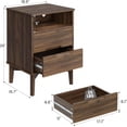 thumbnail image 2 of YAURA Wood Nightstand with Charging Station & USB-C, 26" Tall Mid Century Modern Bedside Table with Solid Wood Legs, Dark Walnut Finish with 2 Drawers, 2 of 10
