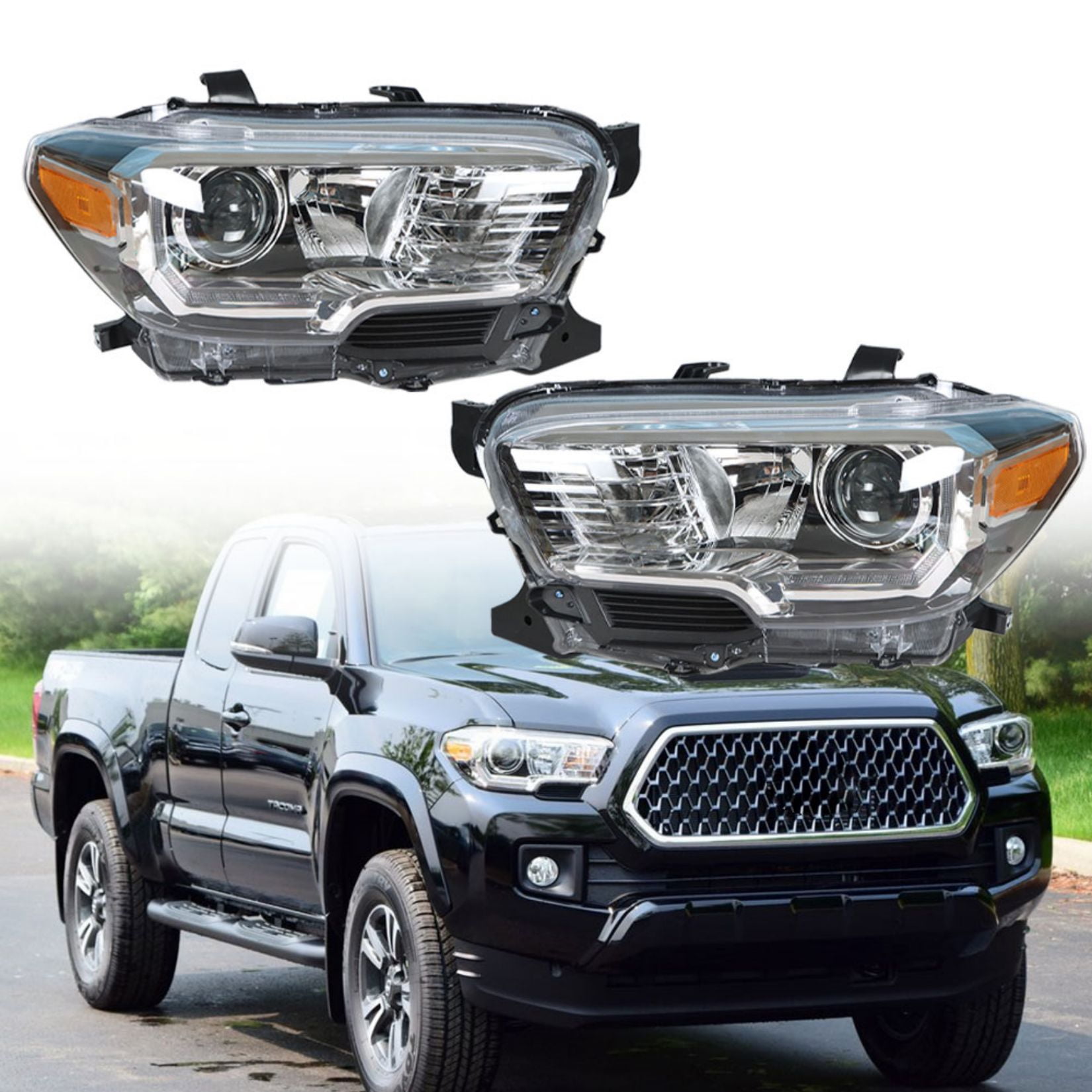 2 Pcs Headlights Assembly Set Halogen LED DRL Trim Projector Left Right ...