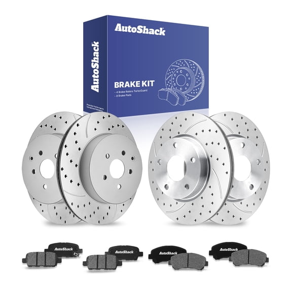 AutoShack Front & Rear Brake Rotors & Ceramic Pads for Nissan, Rogue 2008-2013 Rogue Select 2014-2015, AWD FWD L4 2.5L - Coated Drilled & Slotted - Silver Matte Finish - TurboGuard