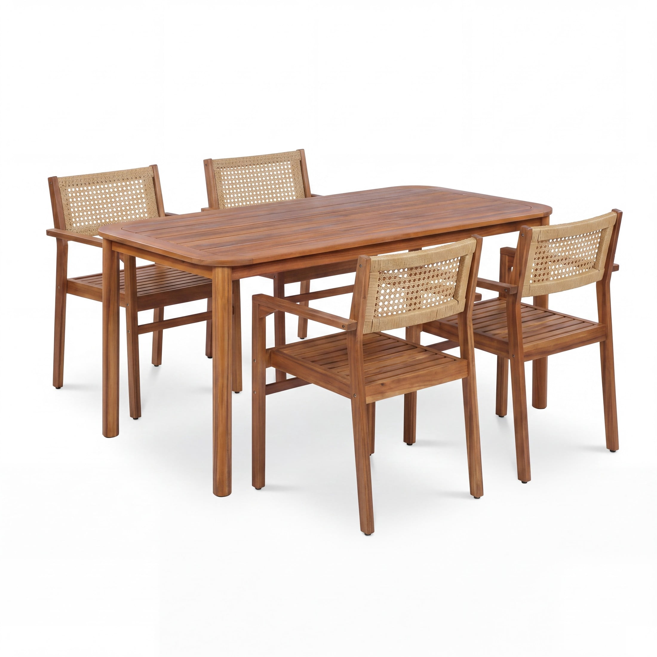 Christopher Knight Home 5-Piece Outdoor Dining Set, 66" Wood Table and Wicker Back Chairs, Natural Stained