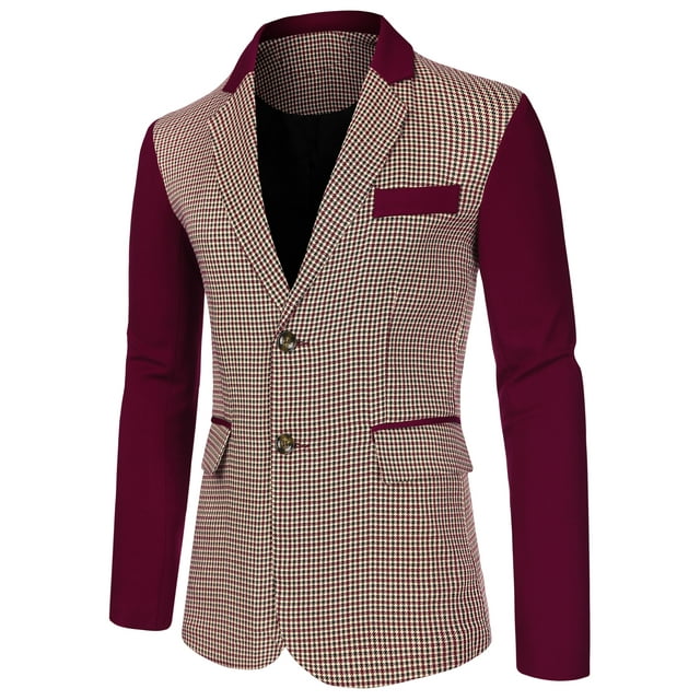 INSPIRE CHIC Men's Plaid Pattern Button Up Slim Fit Casual Sports Coat Burgundy L