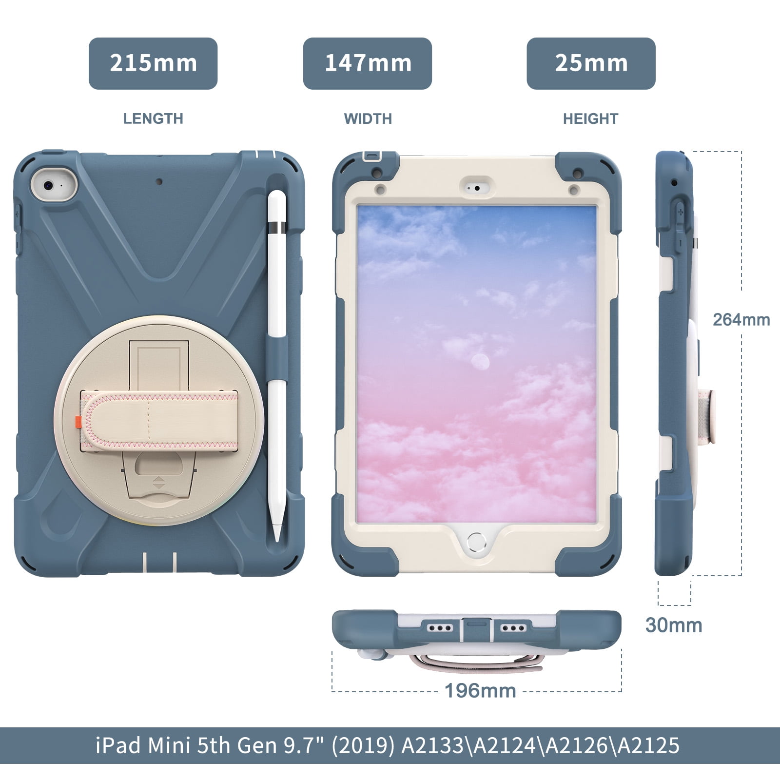 Allytech iPad Mini 5 Case Kids, iPad mini 4 Case with Screen Protector, Heavy Duty Protection Rugged Kids Friendly Shockproof Kickstand Pencil Holder Case Cover for Apple iPad mini 4/ mini 5,Blue