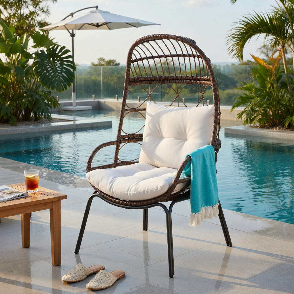 Hommoo Outdoor Wicker Egg Chair with Beige Cushions, PE Rattan Lounge Basket Chair for Patio, Backyard & Poolside, Ergonomic Design, Brown