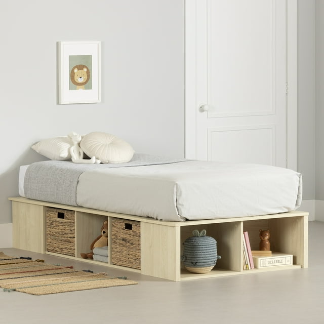 South Shore Avilla Twin Storage Platform Bed with Wicker Baskets, in Bleached Oak