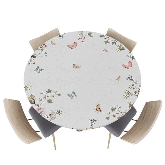 Fitted Round Tablecloths Table Covers 55-60in,Spring Garden Flower Plants Art Waterproof Elastic Edged Table Cloth for Kitchen Dining Holiday Party Tables Decor,Retro Butterfly with Floral Tree