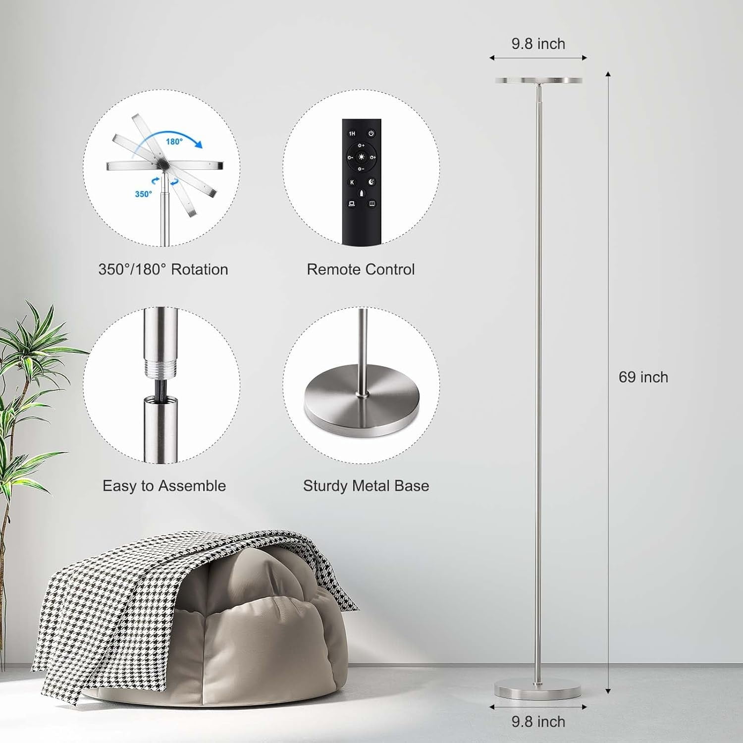 Floor Lamps for Living Room, 32W/3000LM Super Bright LED Floor Lamp with Remote Control, 69" Tall Standing Lamp with Stepless Dimmable, Modern Corner Lamp for Bedroom, Office Nickel