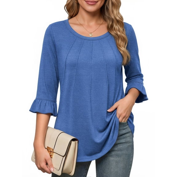 MOYIKO Pleated Blouses for Women 3/4 Length Bell Sleeve T Shirts Dressy Casual Round Neck Summer Tops