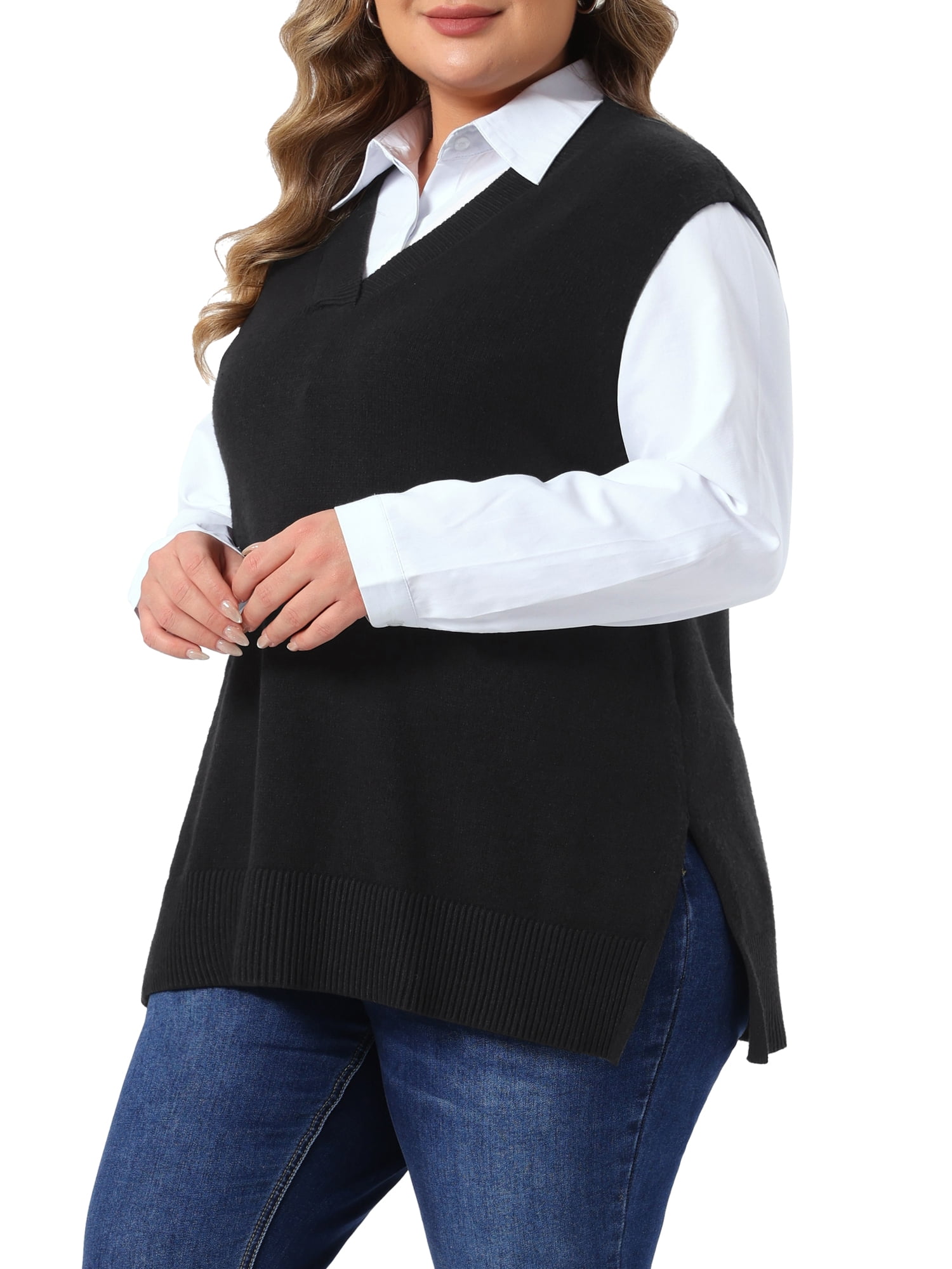 DARING DIVA Women's Plus Sweater Vest V Neck Sleeveless Knit Pullover Top 2X Black