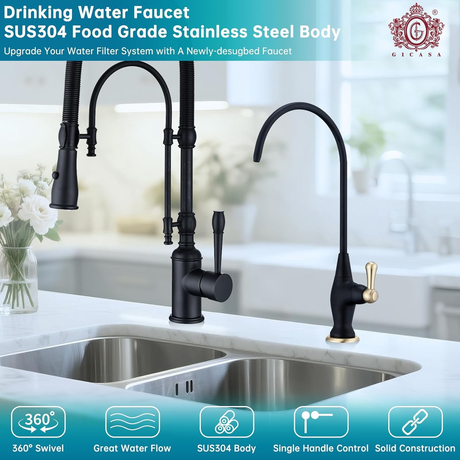 JJEAN-Stainless Steel Reverse Osmosis Faucet, Sink Water Filter System, Suitable for Most Reverse Osmosis or Water Filtration Systems, Sink Drinking Water Faucet for Kitchen Bar Labs RVs, Black+Brush