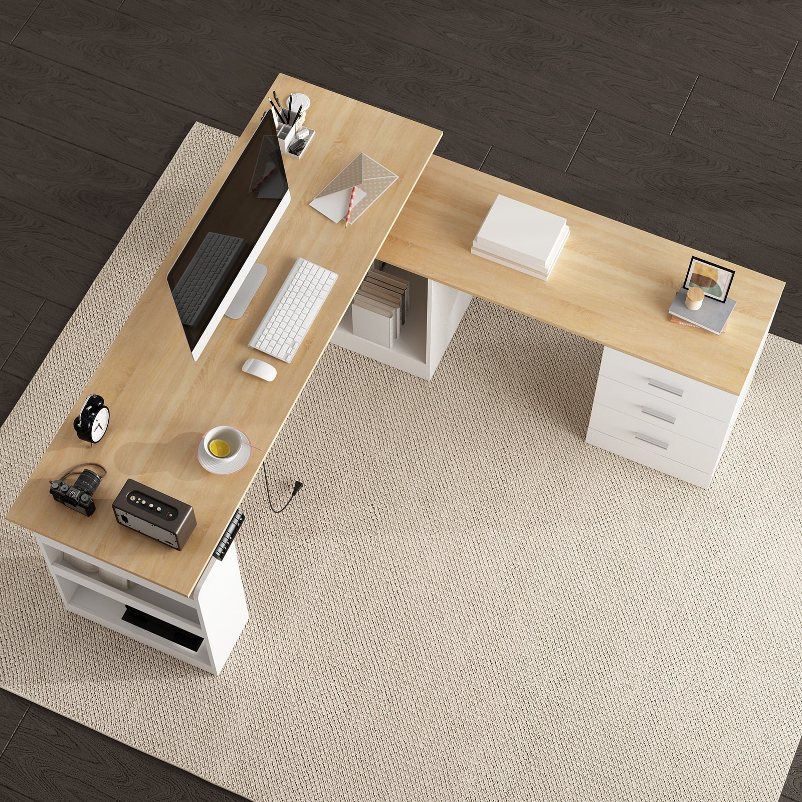 KULAGAGA Electric Standing Desk with Drawers and Shelves, Executive Adjustable Height Desk, L-Shaped Design, 63 inch Tabletop, for Office Deep Oak & White
