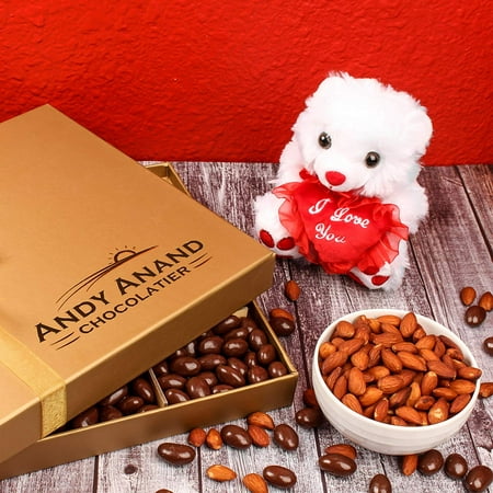 Andy Anand’s Chocolate covered Almonds & I love You Teddy Bear in Gift Basket 1 lbs, Birthday, Valentine Day, Gourmet Christmas Holiday Food Gifts, Thanksgiving Halloween, Mothers day, Get Well
