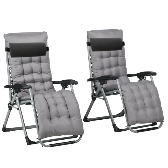 Set of 2 Folding Zero Gravity Garden Chairs, Reclining Sun Loungers with Padded Cushion and Headrest, Metal Frame & Texteline Fabric, Dark Grey, for Patio, Poolside and Deck