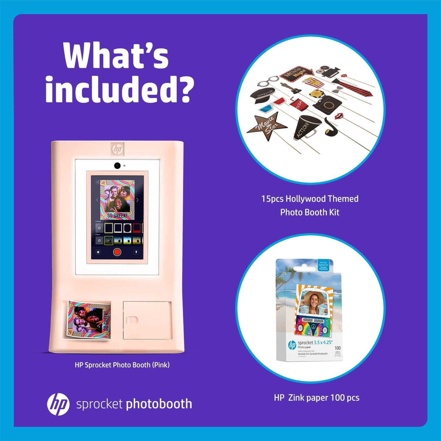 HP Sprocket Photo Booth Instant Printer Kit (Pink), 100 Zink Paper, 15pcs Hollywood Props