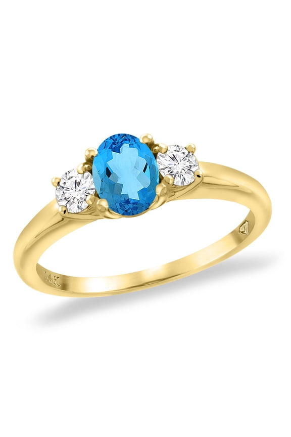14K Yellow Gold Natural Swiss Blue Topaz Engagement Ring Diamond Accents Oval 7x5 mm, size 5