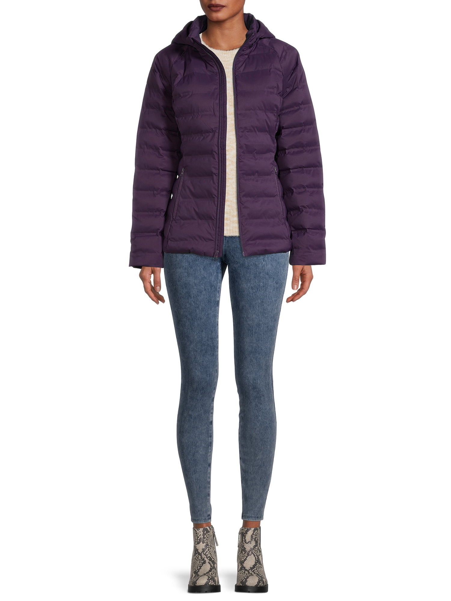 Time and Tru Women's and Plus Packable Stretch Zip Up Puffer Jacket