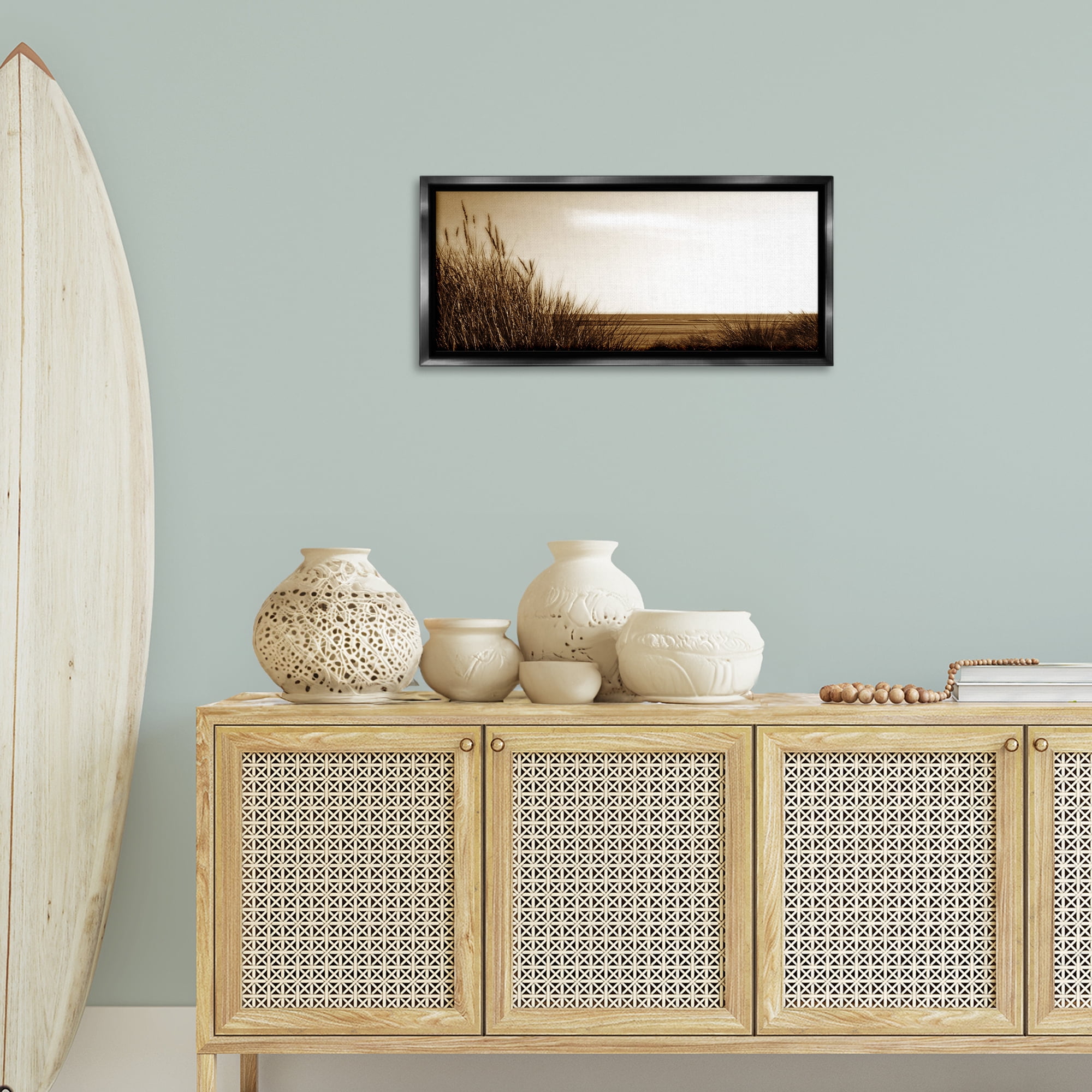 Stupell Industries Long View Horizon Coastal Photography Black Floater Framed Canvas Art Print Wall Art, 31 x 14