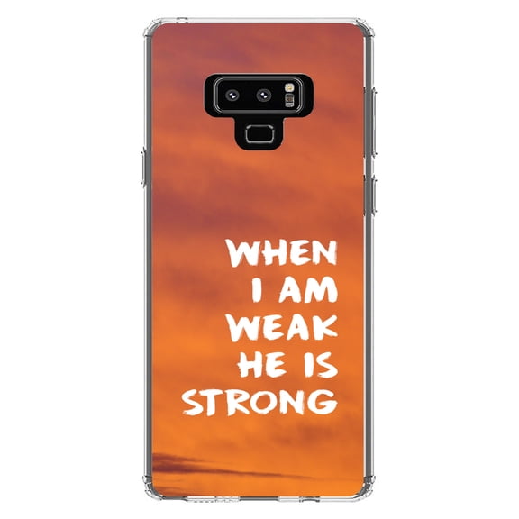 DistinctInk Clear Shockproof Hybrid Case for Samsung Galaxy Note 9 - TPU Bumper, Acrylic Back, Tempered Glass Screen Protector - When I Am Weak, He Is Strong - Christ