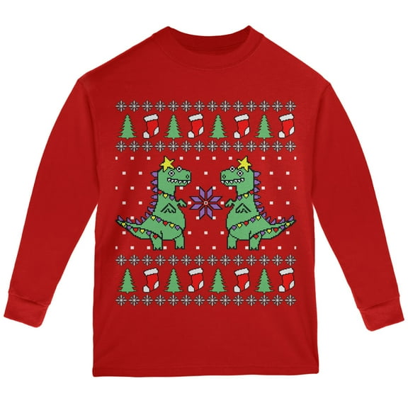 Old Glory Tree Rex T Rex Ugly Christmas Sweater Youth Long Sleeve T Shirt