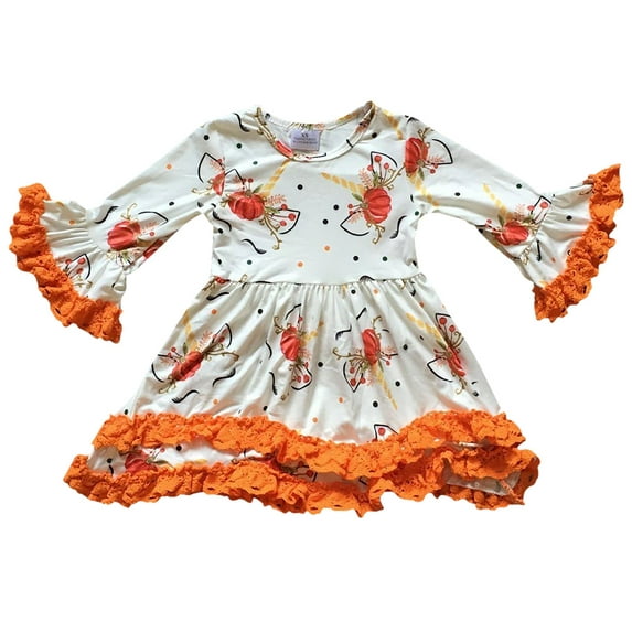 Little Girls Lace Sleeve Polka Pumpkin Halloween Party Flower Girl Dress Ivory Orange 3T S (P201843P)
