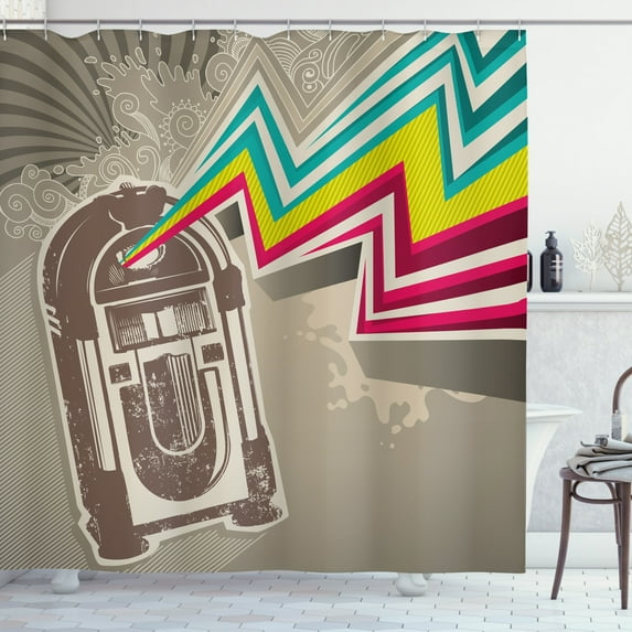 Ambesonne Retro Shower Curtain, Radio Party with Zig Zag, 69"Wx75"L, Pale Grey and White