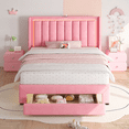 thumbnail image 3 of Twin Bed Frame with Motion Sensor Light, UHOMEPRO Upholstered Platform Bed with Charging Station and Wooden Storage Drawer, No Box Spring Needed, Pink, 3 of 11
