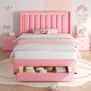 Twin Bed Frame with Motion Sensor Light, UHOMEPRO Upholstered Platform Bed with Charging Station and Wooden Storage Drawer, No Box Spring Needed, Pink