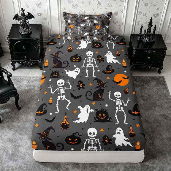 Erosebridal Gothic Skeleton Ghost Twin Fitted Sheet 2 Pieces,Halloween Black Cats Bedding,Dark Grey,1 Fitted Sheet and 1 Pillowcase