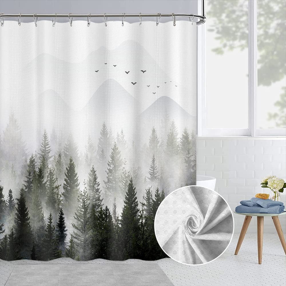 Green Misty Forest Shower Curtain, Rustic Shower Curtain Green Mountain Birds Tree Art Nature Woodland Summer Shower curtains for Bathroom Decorative Bath Curtains 72x72 Water Repellent Waffle Fabric