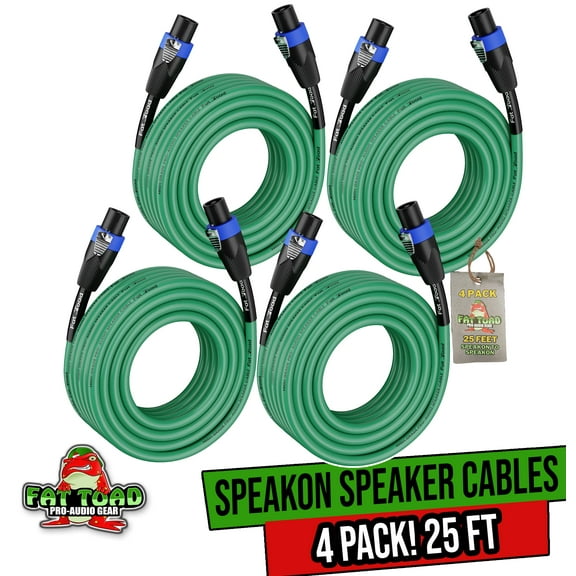 FAT TOAD Speakon to Speakon Speaker Wires (4-Pack) | 25ft DJ Pro Audio Green PA Cords with Twist Lock Connector | 12 AWG Cables for Studio Recording & Stage Gear