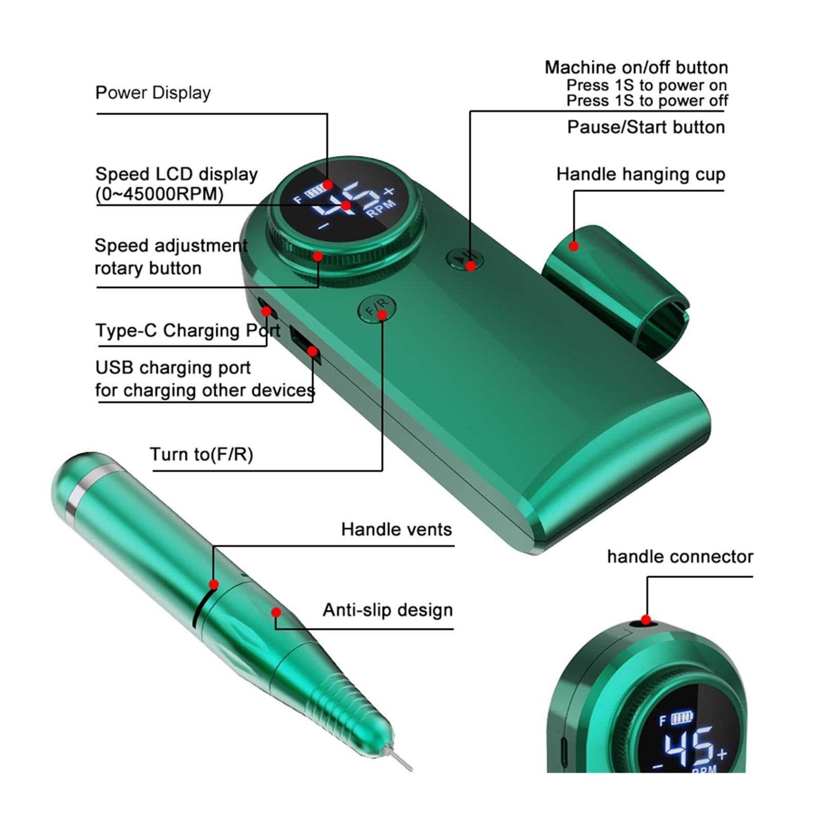 Portable Nail Drill Professional 45000 RPM, Rechargeable Electric Nail File Machine For Acrylic Nails Gel Polishing Removing ,Low Noise