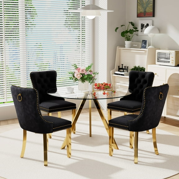 KATBOC 38.9in Round Glass Dining Table, Scratch-Resistant Aluminum Tray & Metal Legs, Modern Minimalist Design for dining, Living Room, Glod