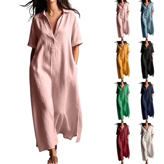 VBVC Women's Cotton Linen Button Down Maxi Dress , Summer Side Slit Dress For Women , Ladies' Short Sleeve Shirt Dress with Pockets,Beige,S-3XL