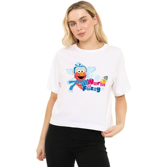 Sesame Street Warm And Fuzzy Holiday Elmo Women's Boxy Cropped T-Shirt Casual Graphic Tee