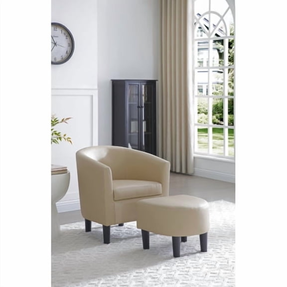 Cterwk Faux Leather Accent Chair with Ottoman, Upholstered Armchair for Living Room, Bedroom, Office, Beige