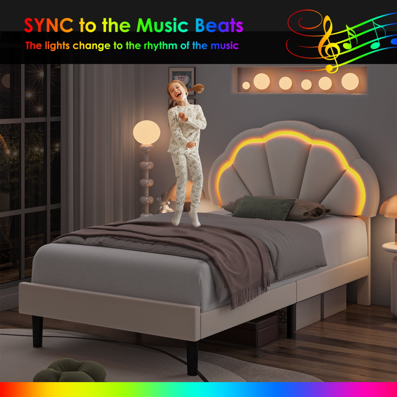 Homfa LED Bed Frame, Twin Size Velvet Upholstered Platform Bed with Adjustable Headboard, Lights Seashell Bed, Off-White