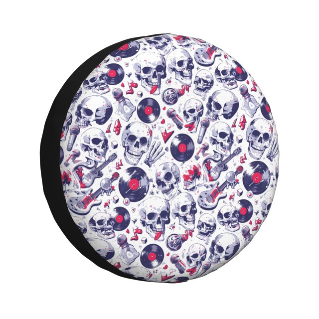 Fotbe music Skull record mike Funda de Llanta de Repuesto con Estampado, Engrosada, Ajuste Universal para Jeep, Remolque, RV, SUV, Camión-17 inch